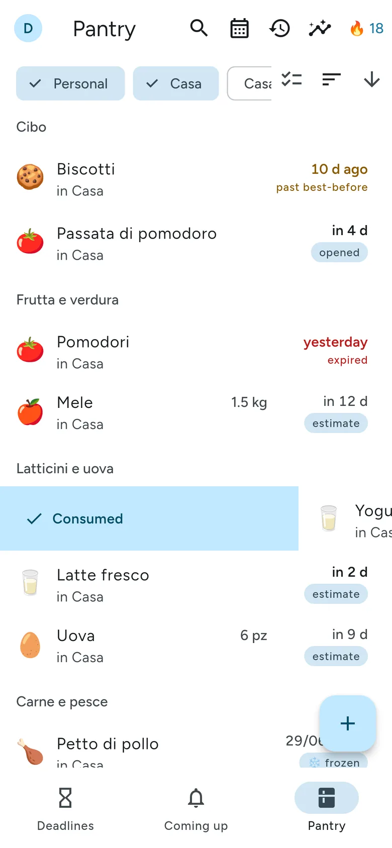 The pantry with the estimate, opened and frozen tags