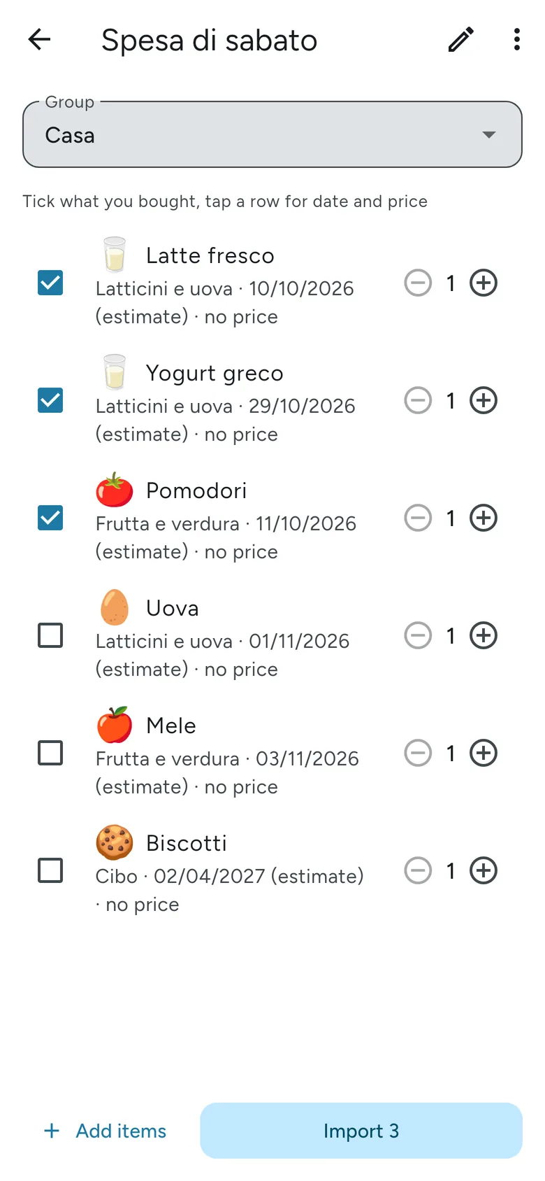A Home shopping list, half ticked