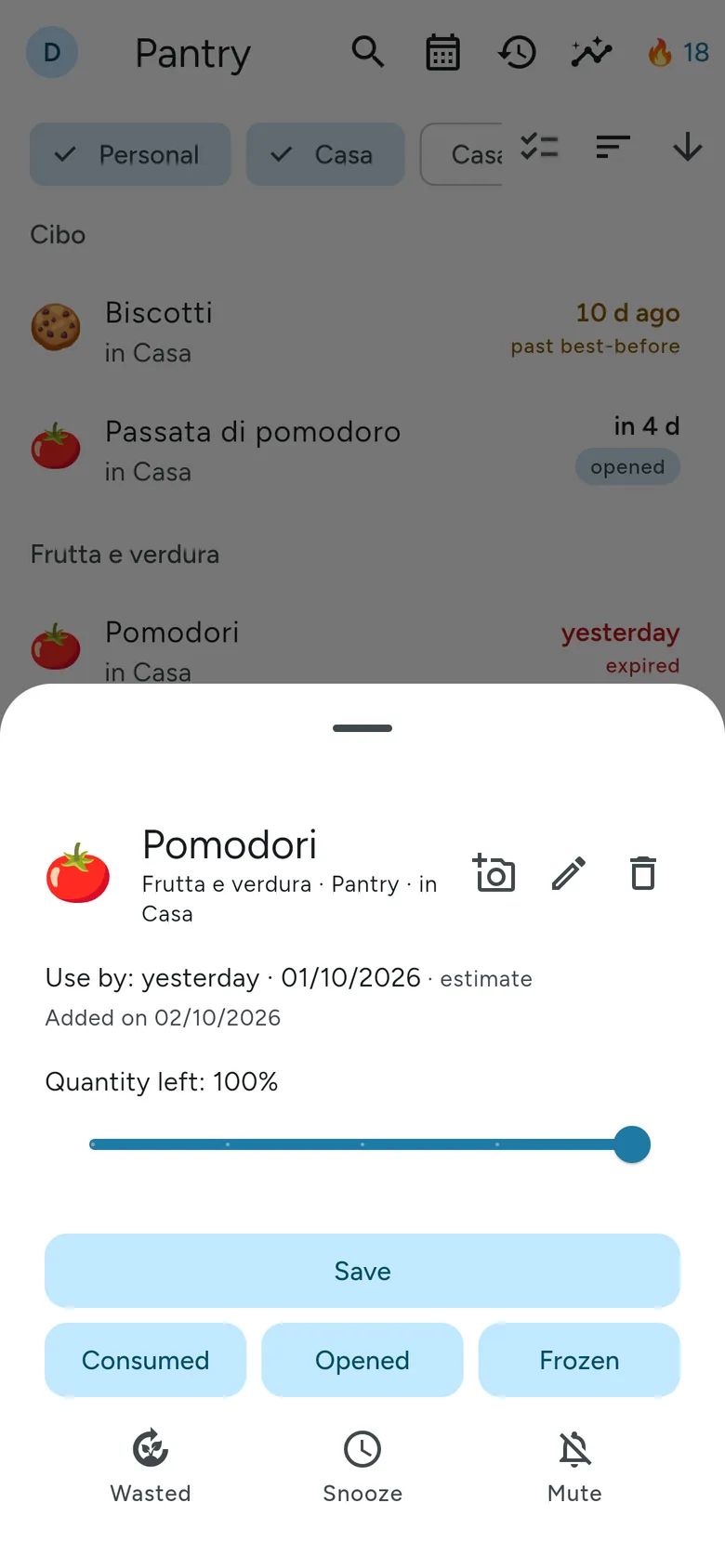 The quick panel with a product's actions