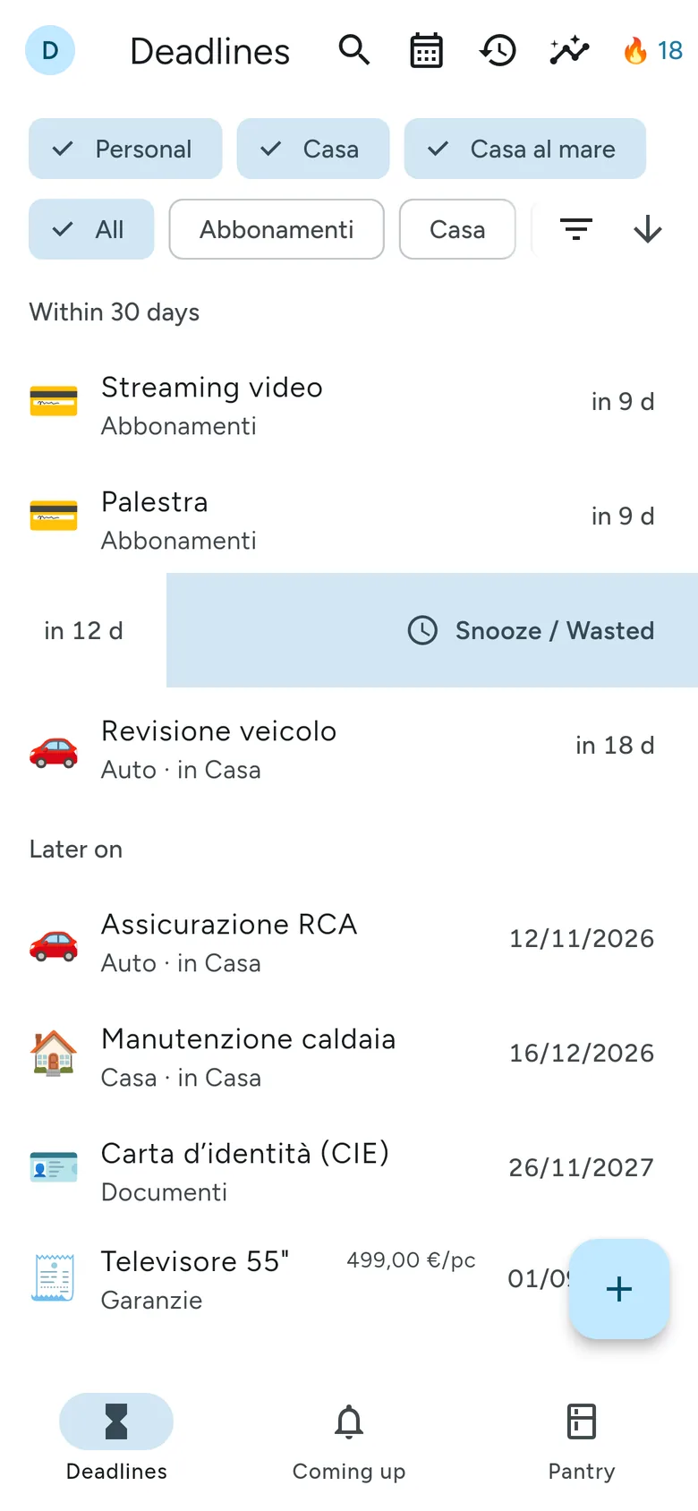 The Deadlines screen, sorted by urgency