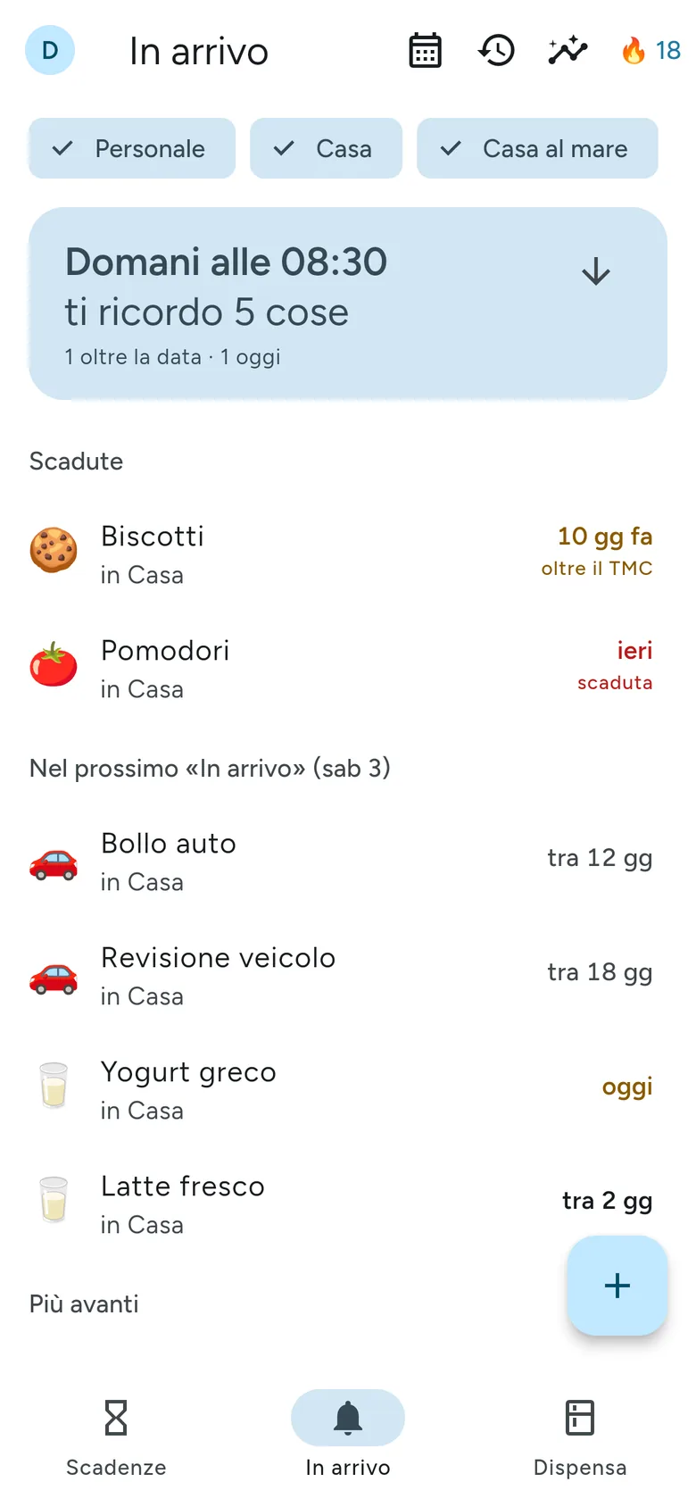 La scheda In arrivo con il blocco Scadute