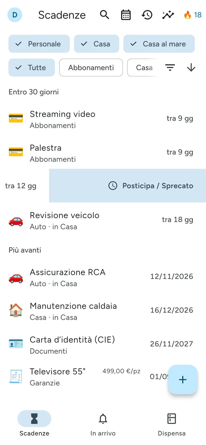 La scheda Scadenze, in ordine di urgenza